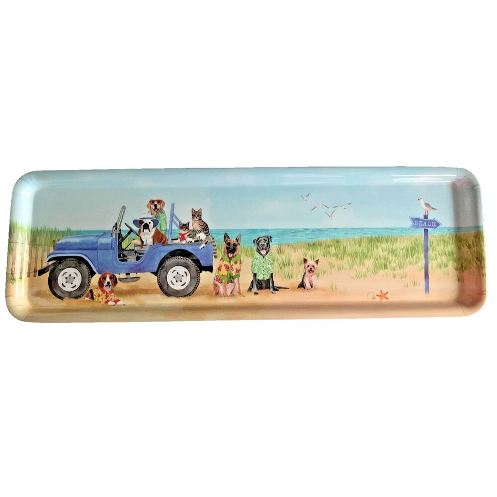 Dogs Cats in Jeep on the Beach Melamine Tray Set of 2 Nautical Scene 19.75X6.25